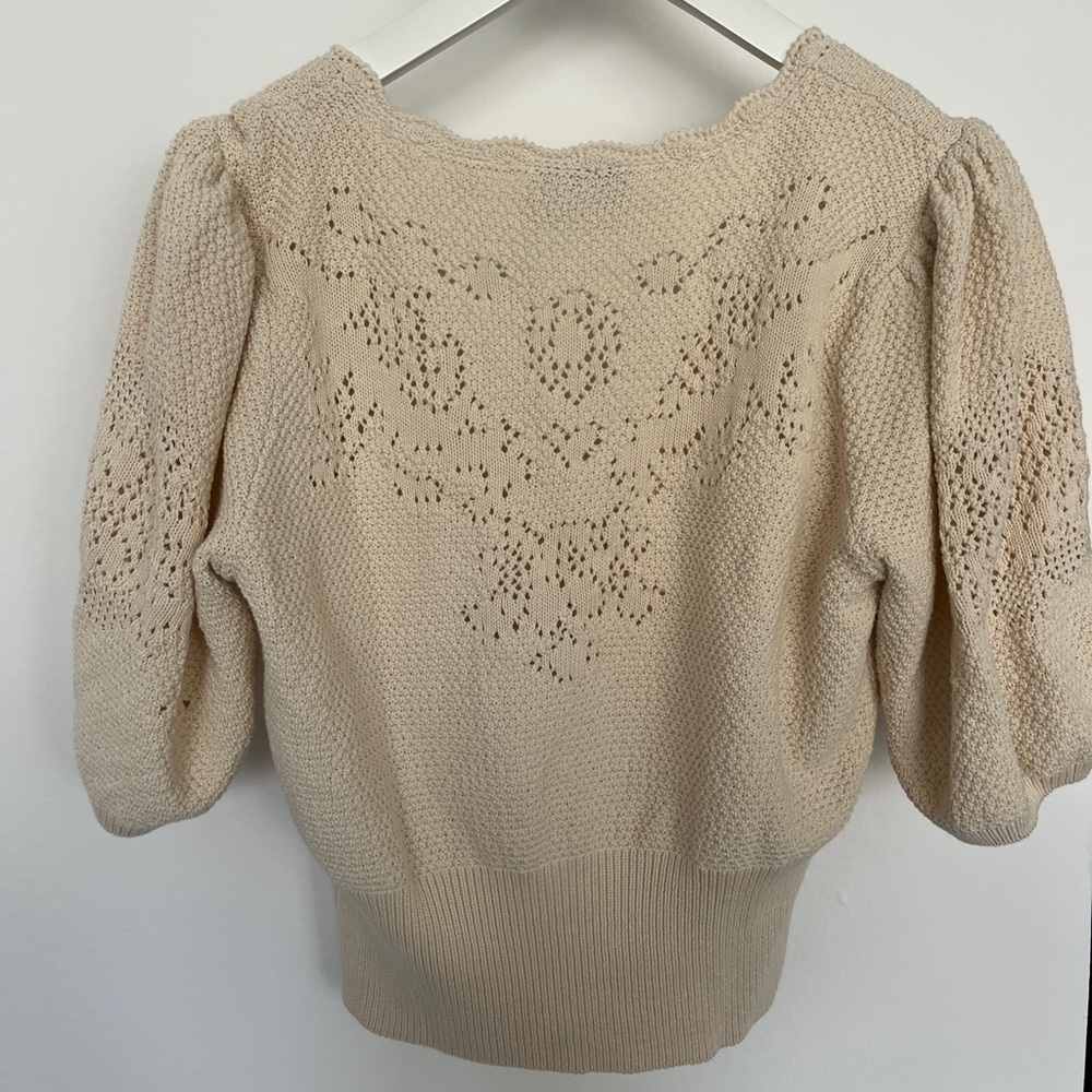 7 For All Mankind | Pointelle Peplum Cardigan / Blouse Women's Cream M - Picture 5 of 7